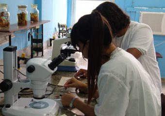 Estudiantes realizando experimento en un laboratorio